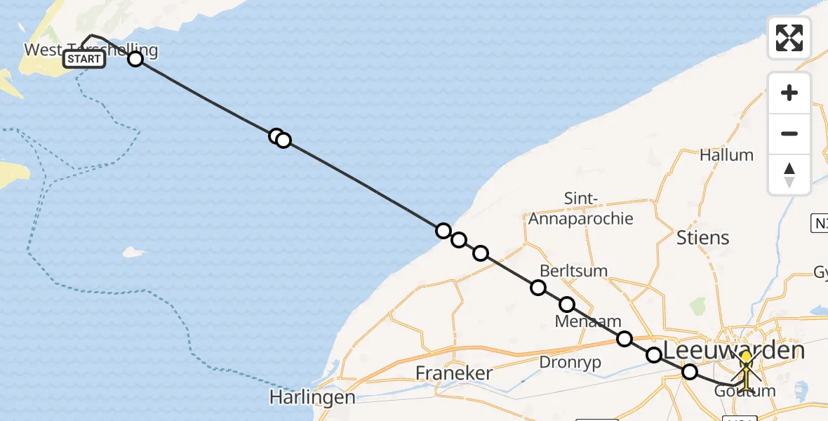 Routekaart van de vlucht: Ambulanceheli naar Leeuwarden, Longway