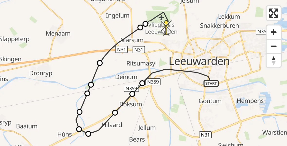 Routekaart van de vlucht: Ambulanceheli naar Vliegbasis Leeuwarden, Simon de Vliegerstraat