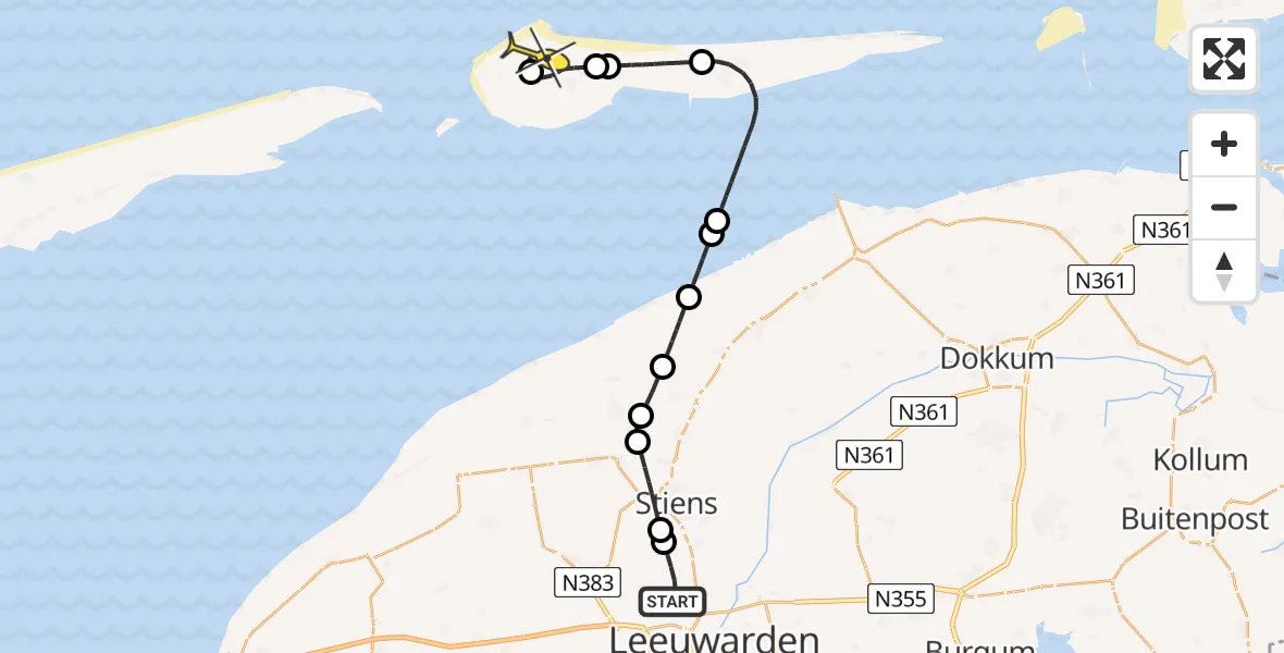Routekaart van de vlucht: Ambulancehelikopter naar Ameland Airport Ballum, Keegsdijkje