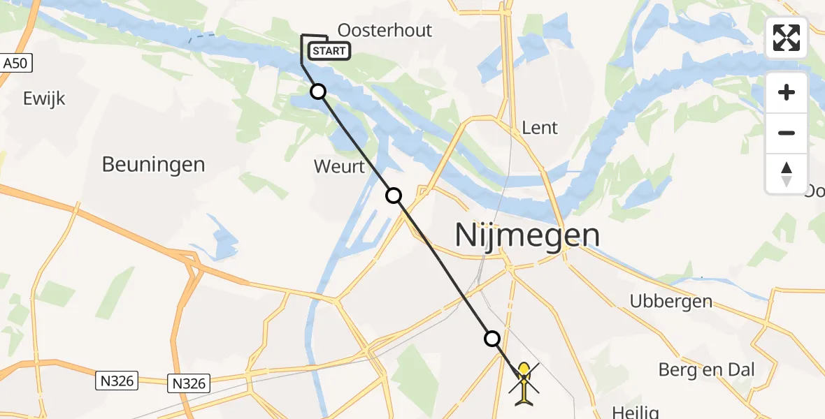 Routekaart van de vlucht: Lifeliner 3 naar Radboud Universitair Medisch Centrum, Waaldijk