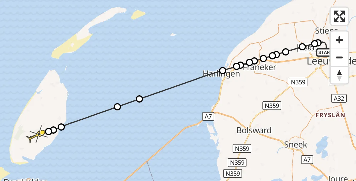 Routekaart van de vlucht: Ambulancehelikopter naar Den Burg, Bitgumerlân