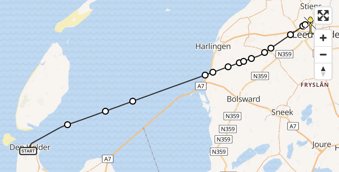 Routekaart van de vlucht: Ambulancehelikopter naar Vliegbasis Leeuwarden, Prins Hendriklaan