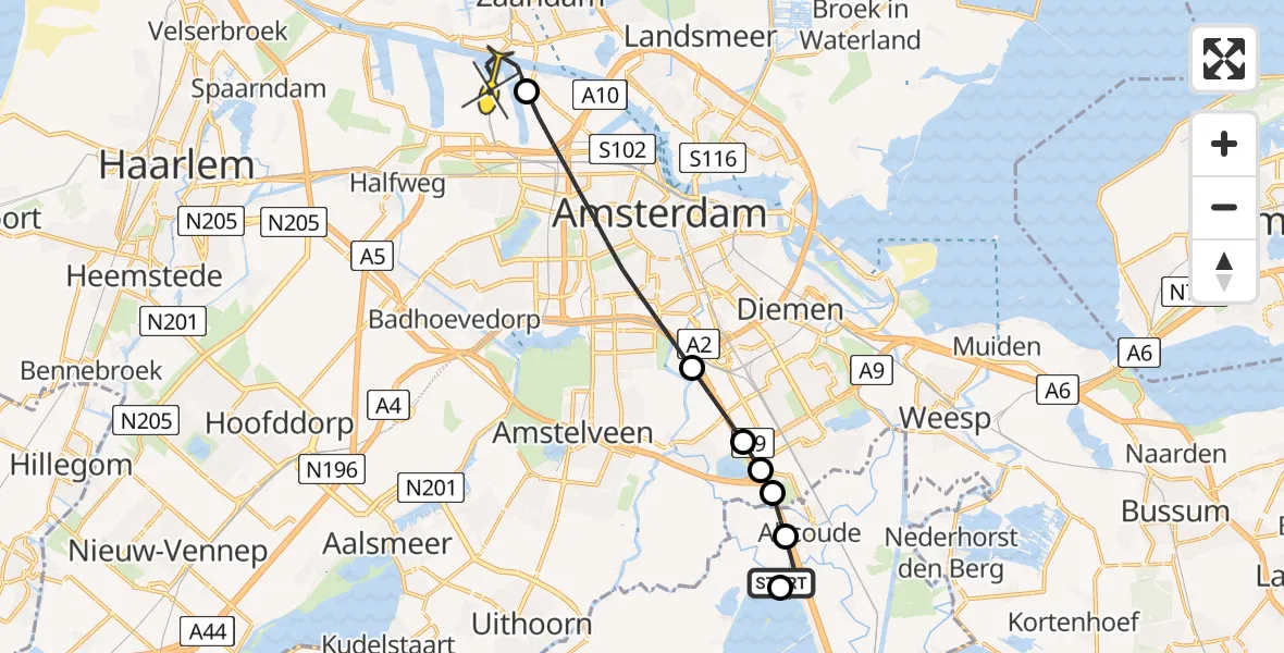 Routekaart van de vlucht: Lifeliner 1 naar Amsterdam Heliport, Vinkenkade