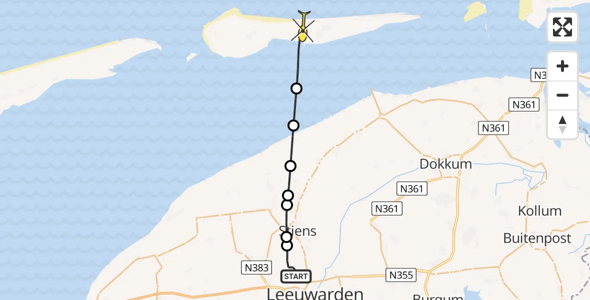 Routekaart van de vlucht: Ambulancehelikopter naar Nes, Keegsdijkje