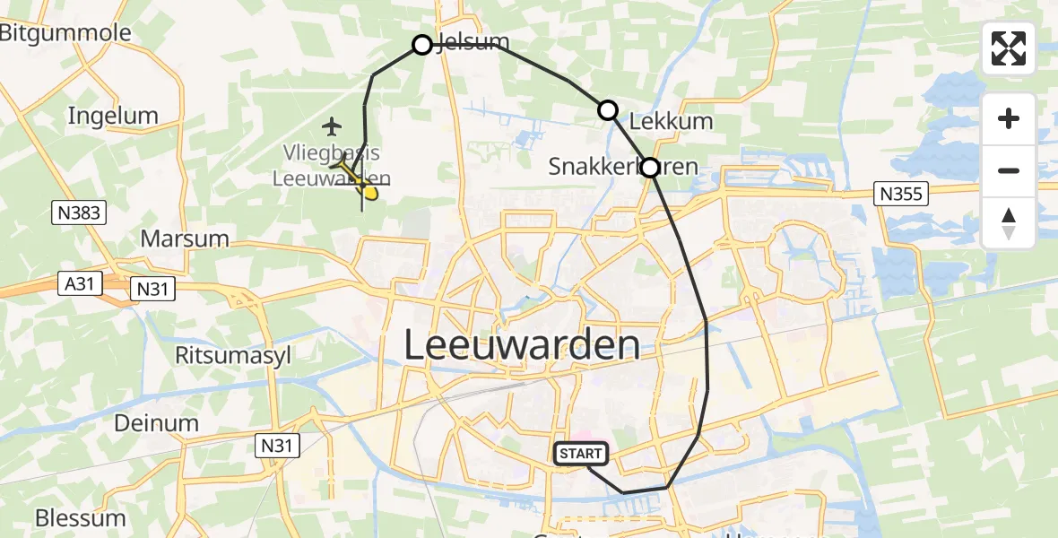 Routekaart van de vlucht: Ambulanceheli naar Vliegbasis Leeuwarden, Drachtsterweg