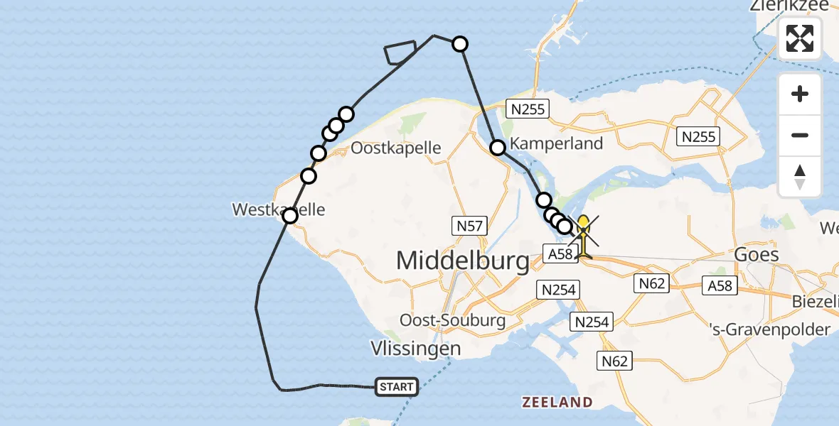 Routekaart van de vlucht: Kustwachthelikopter naar Vliegveld Midden-Zeeland, Calandweg
