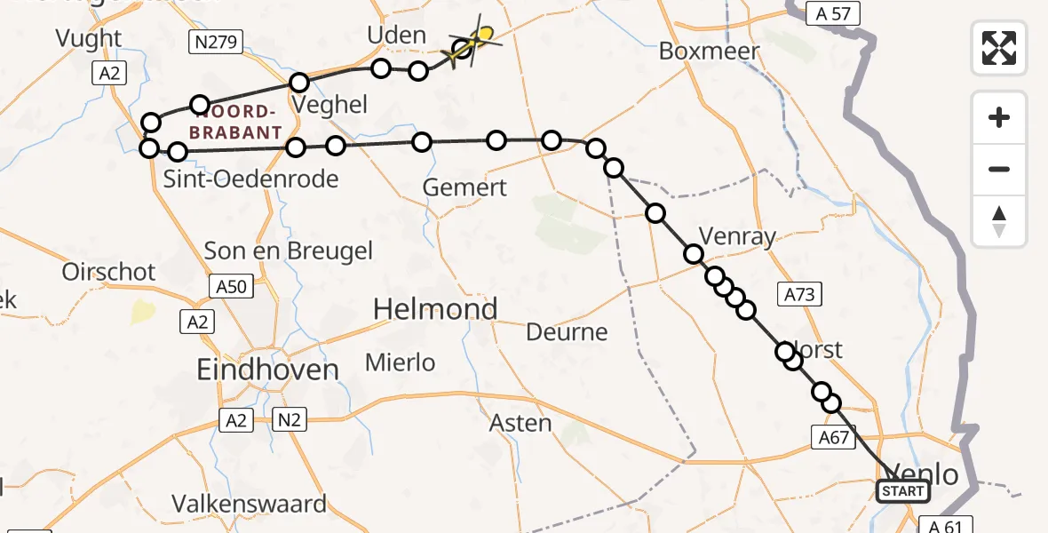 Routekaart van de vlucht: Lifeliner 3 naar Vliegbasis Volkel, Hendrik Consciencestraat