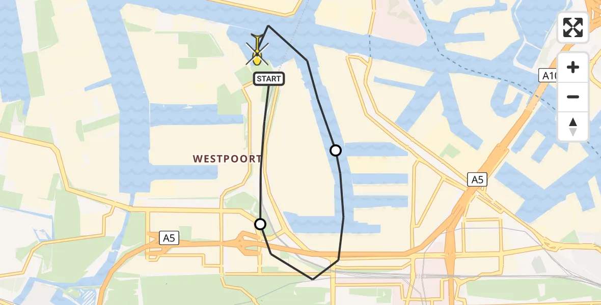 Routekaart van de vlucht: Lifeliner 1 naar Amsterdam Heliport, Nieuw-Zeelandweg