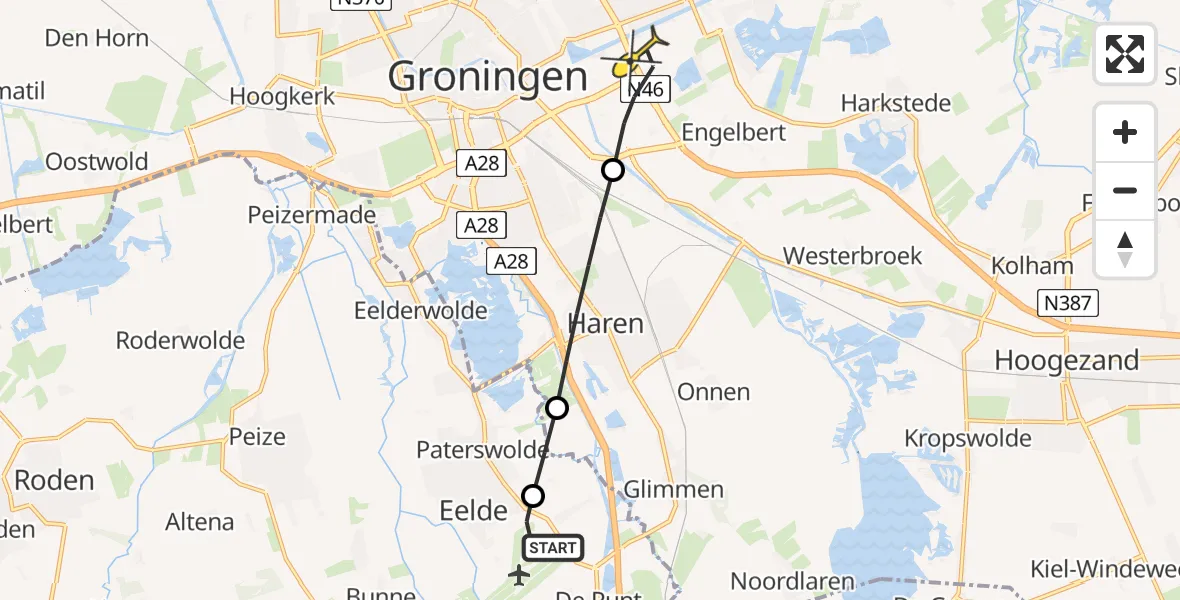 Routekaart van de vlucht: Lifeliner 4 naar Groningen, Burgemeester J.G. Legroweg