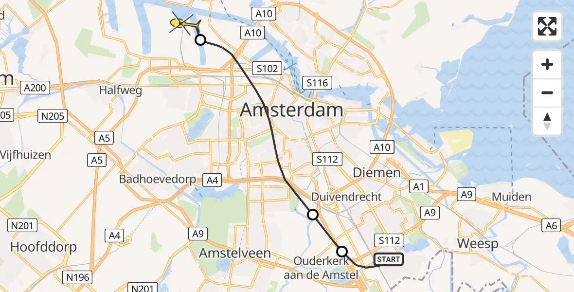 Routekaart van de vlucht: Lifeliner 1 naar Amsterdam Heliport, Meibergdreef