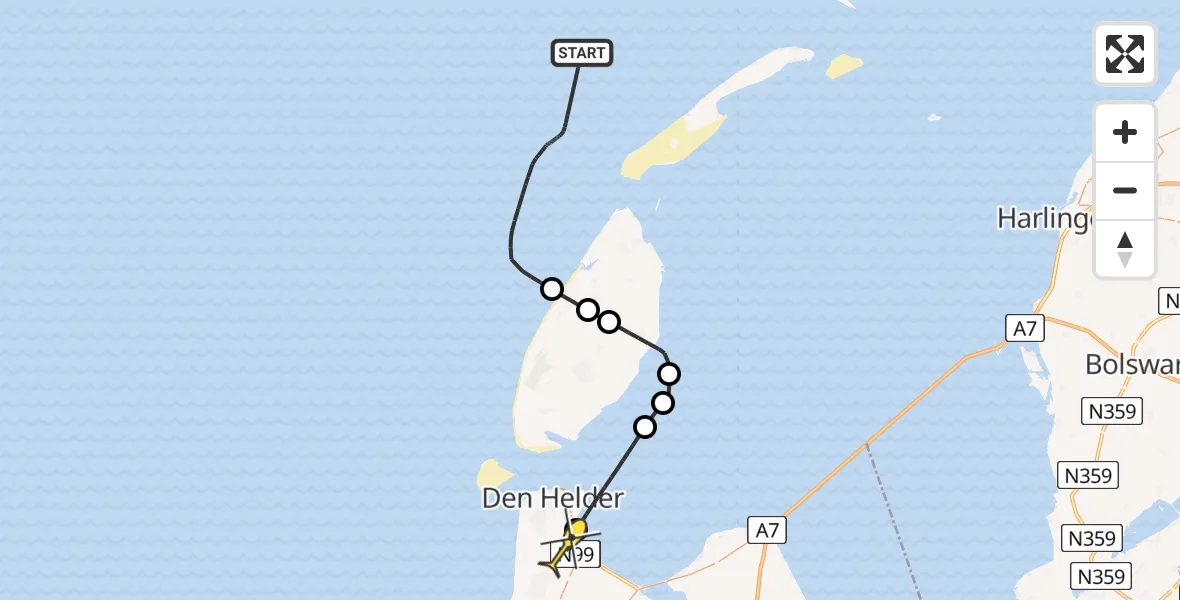 Routekaart van de vlucht: Kustwachthelikopter naar Vliegveld De Kooy, Luchthavenweg
