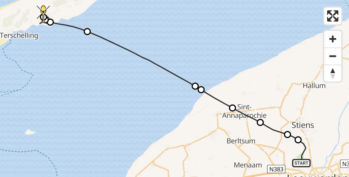 Routekaart van de vlucht: Ambulancehelikopter naar Midsland, Piter Rindertsreedsje