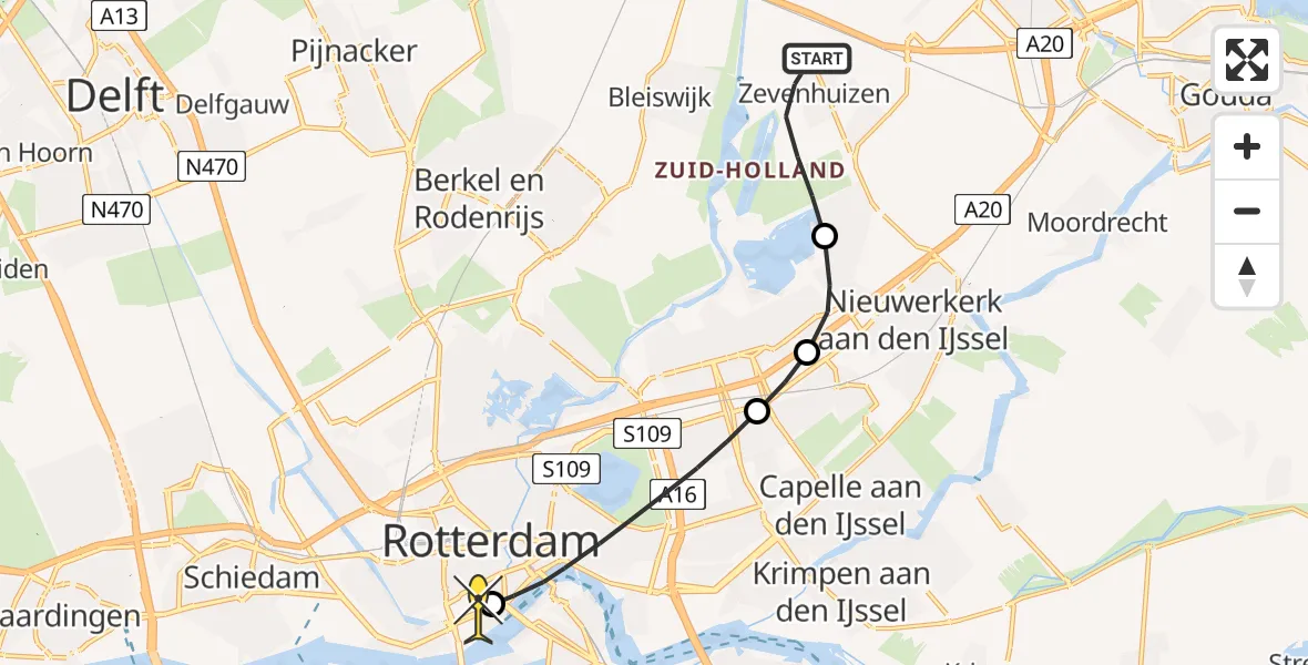 Routekaart van de vlucht: Lifeliner 2 naar Erasmus MC, Hennipgaardepad