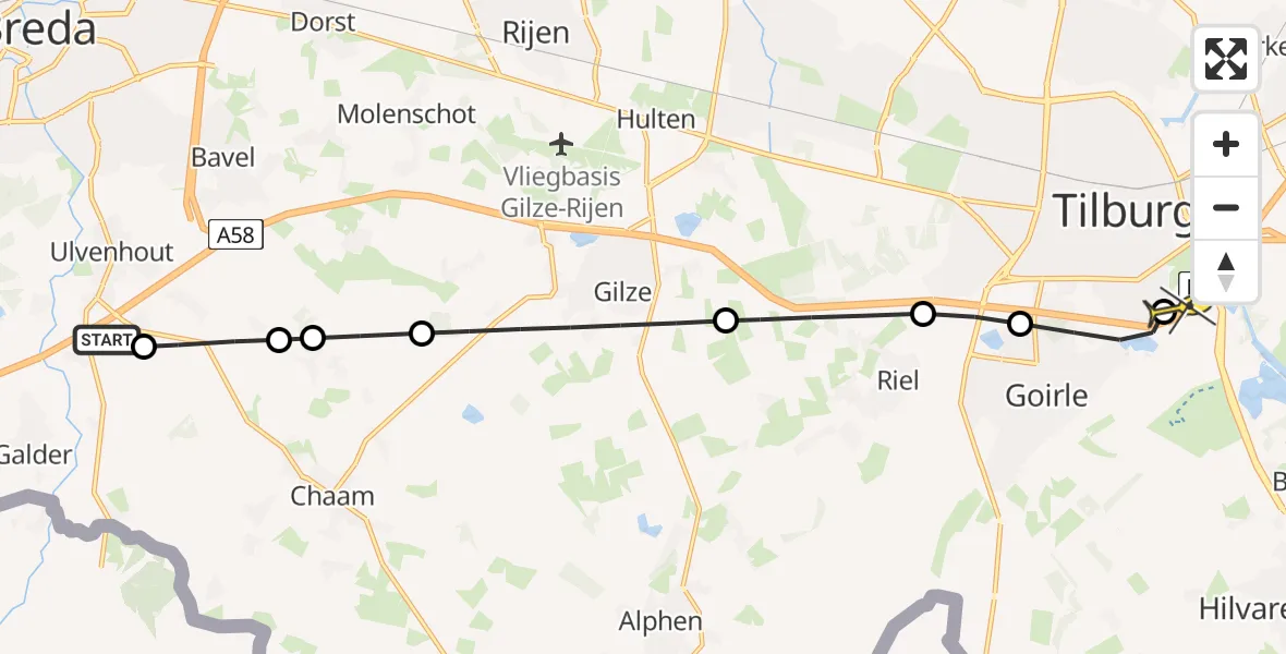 Routekaart van de vlucht: Lifeliner 3 naar Tilburg, Hondsdonkseweg