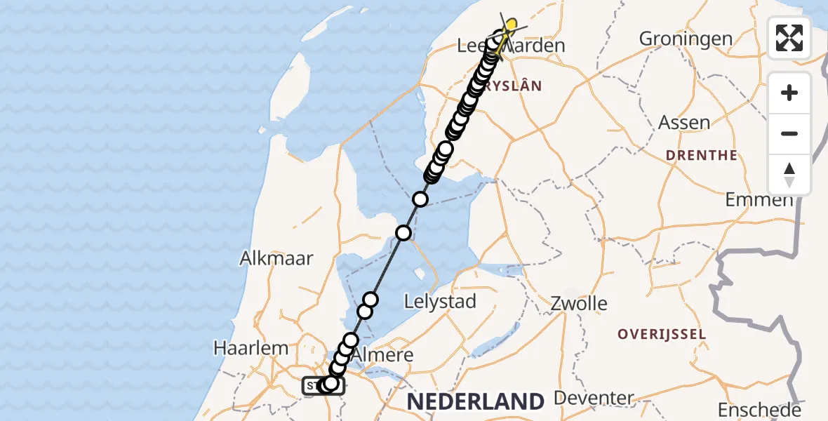 Routekaart van de vlucht: Ambulanceheli naar Vliegbasis Leeuwarden, Ruwelspad