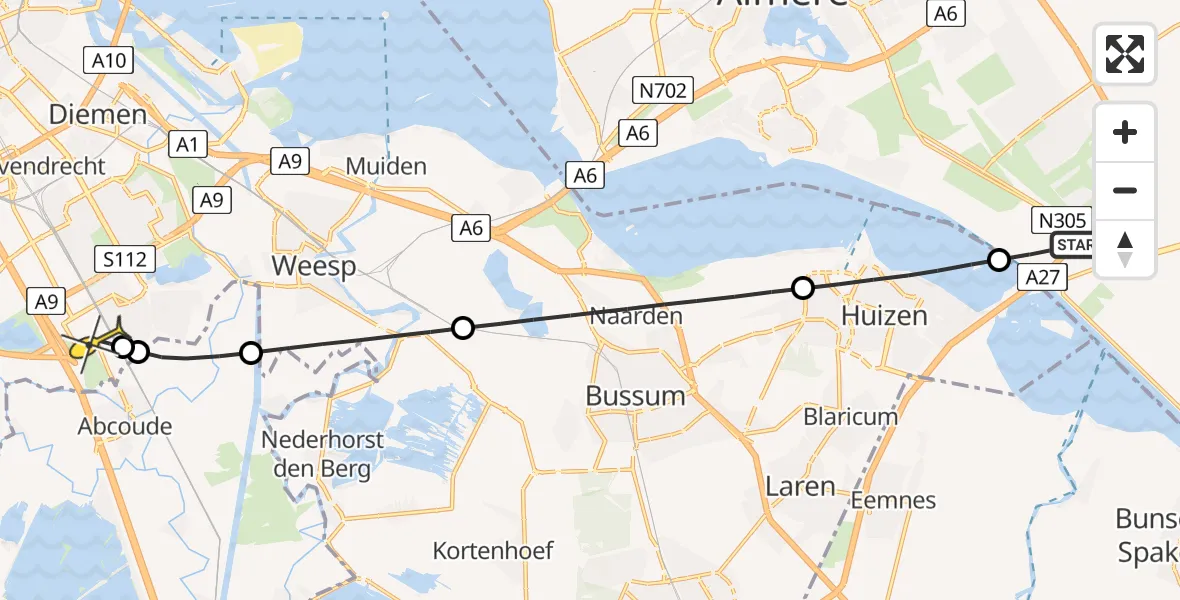 Routekaart van de vlucht: Lifeliner 1 naar Academisch Medisch Centrum (AMC), Mariëndaal