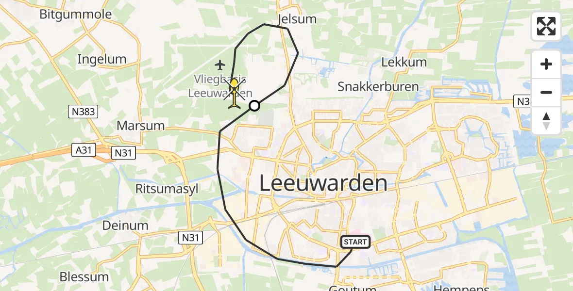 Routekaart van de vlucht: Ambulanceheli naar Vliegbasis Leeuwarden, Nijlânsdyk