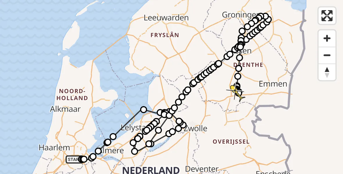 Routekaart van de vlucht: Politieheli naar Vliegveld Hoogeveen, Saskia van Uylenburgweg