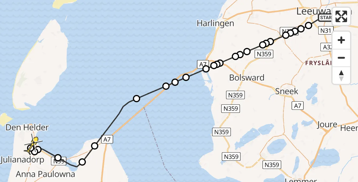 Routekaart van de vlucht: Kustwachthelikopter naar Vliegveld De Kooy, Nijlânsdyk