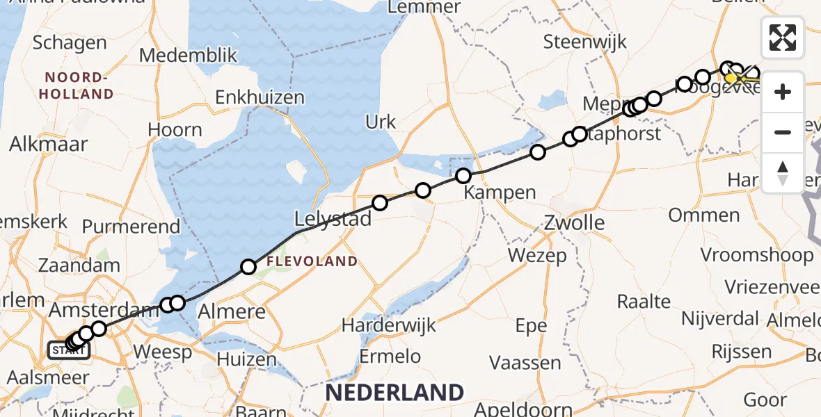 Routekaart van de vlucht: Politieheli naar Vliegveld Hoogeveen, Nieuwemeerdijk