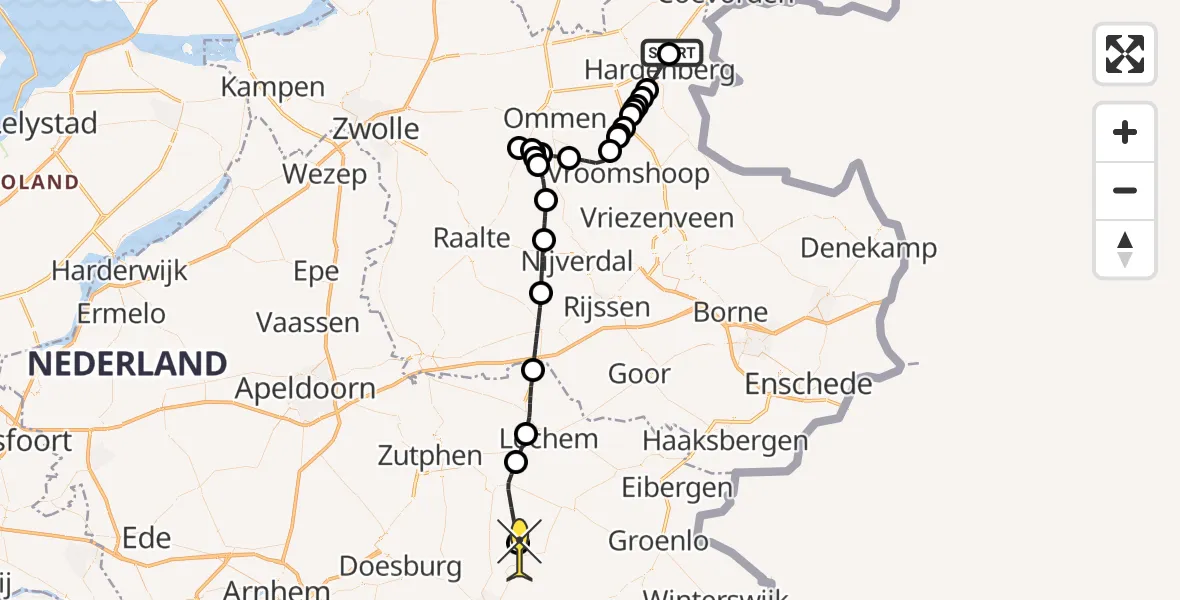 Routekaart van de vlucht: Politieheli naar Zelhem, 't Holt