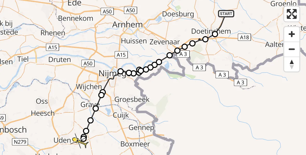 Routekaart van de vlucht: Politiehelikopter naar Vliegbasis Volkel, Burgemeester Rijpstrastraat