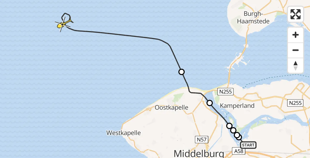 Routekaart van de vlucht: Kustwachthelikopter naar Lamsoor