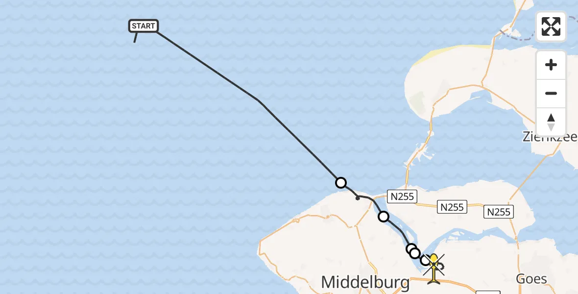 Routekaart van de vlucht: Kustwachthelikopter naar Vliegveld Midden-Zeeland, Calandweg