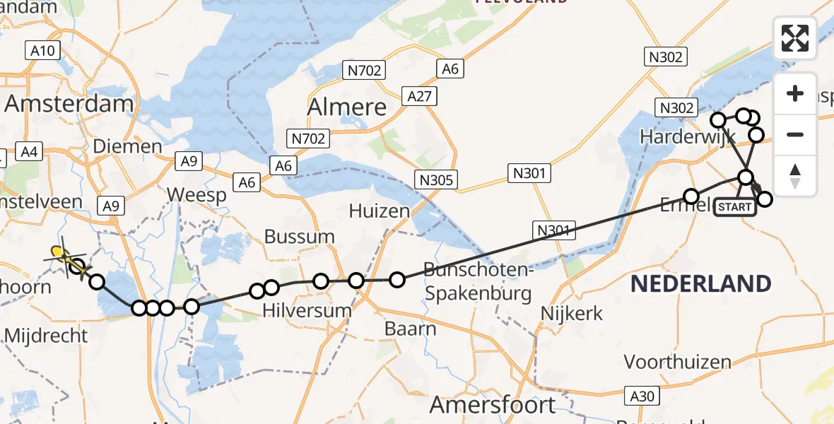 Routekaart van de vlucht: Politieheli naar Ouderkerk aan de Amstel, Watervalweg