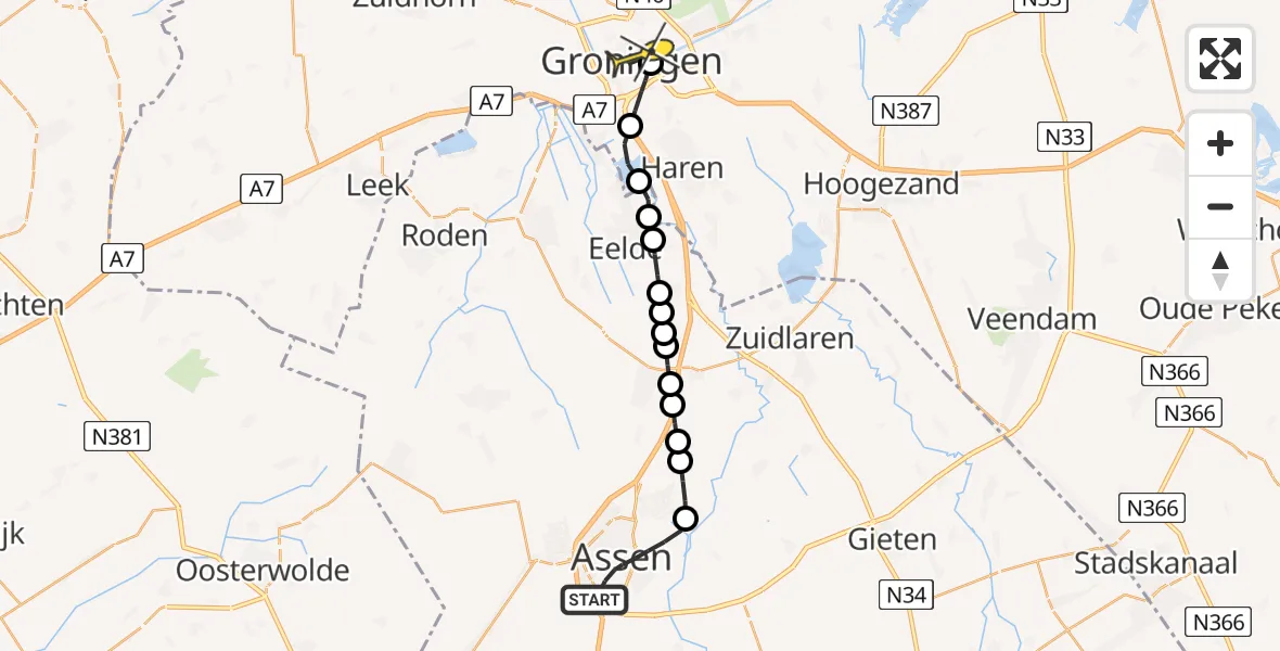 Routekaart van de vlucht: Lifeliner 4 naar Universitair Medisch Centrum Groningen, Hertenkamp