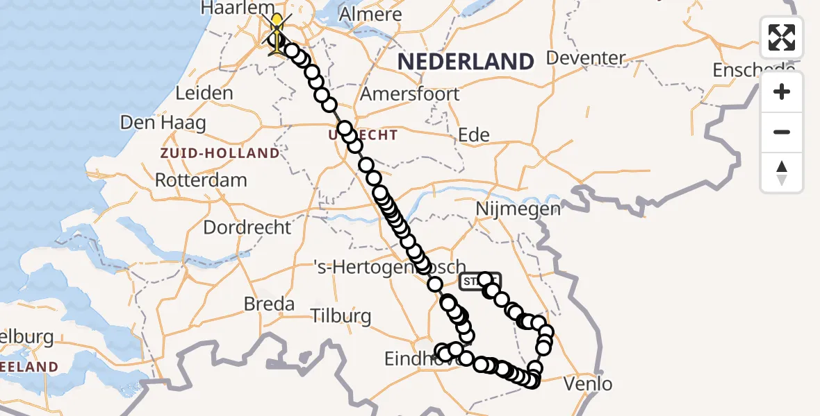 Vluchtroute Politiehelikopter van Vliegbasis Volkel naar Schiphol