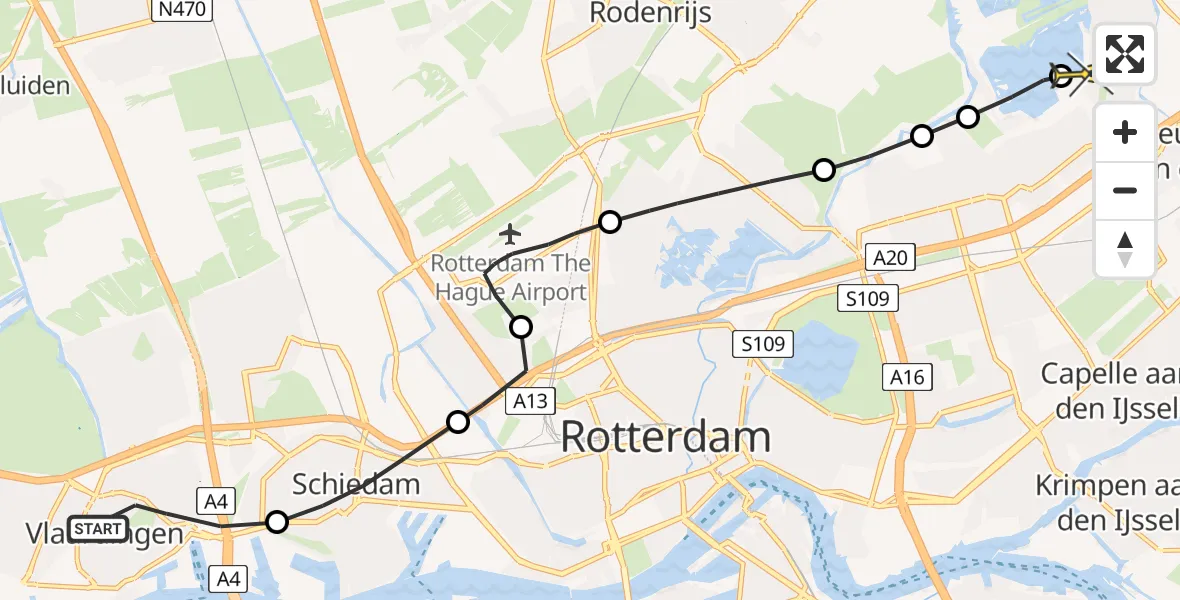Routekaart van de vlucht: Lifeliner 2 naar Rotterdam, van Aerssenstraat