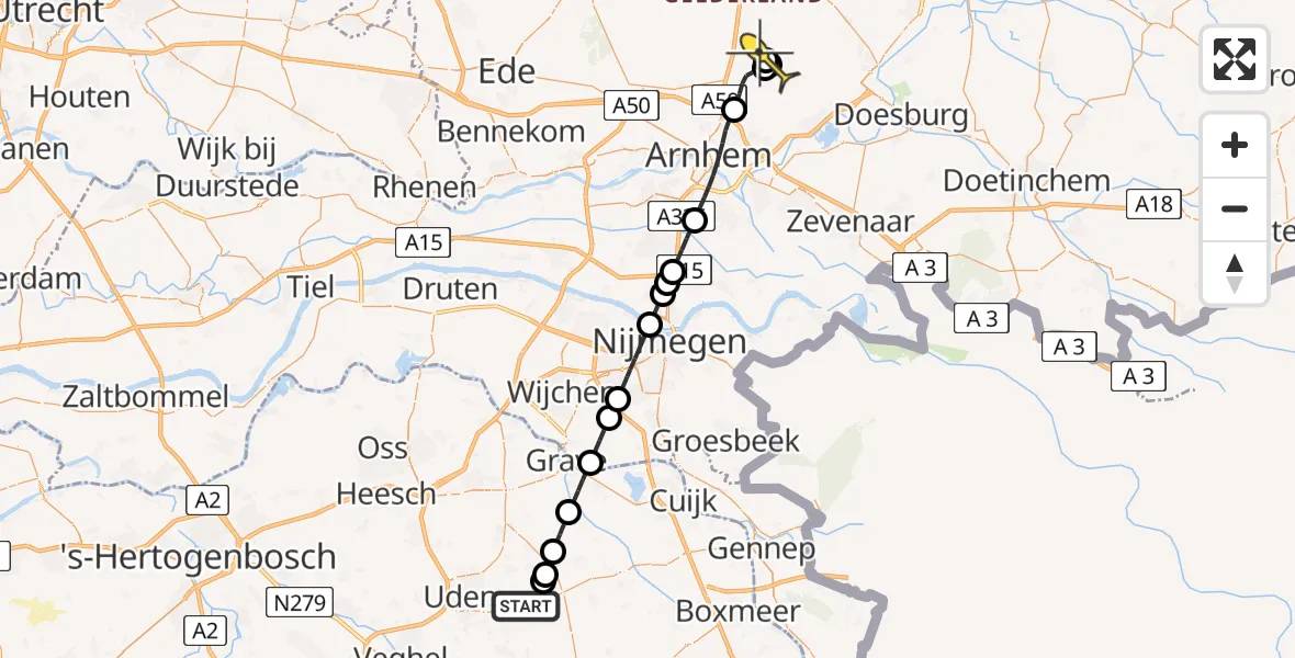 Routekaart van de vlucht: Lifeliner 3 naar Rheden, Zeelandsedijk
