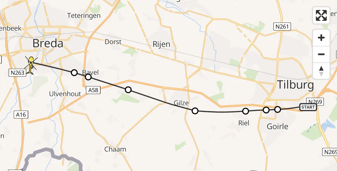 Routekaart van de vlucht: Lifeliner 2 naar Breda, Vogezenlaan