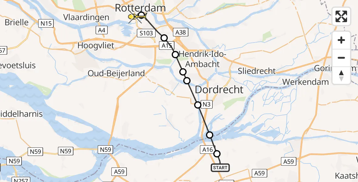 Routekaart van de vlucht: Lifeliner 2 naar Erasmus MC, Landekensdijk