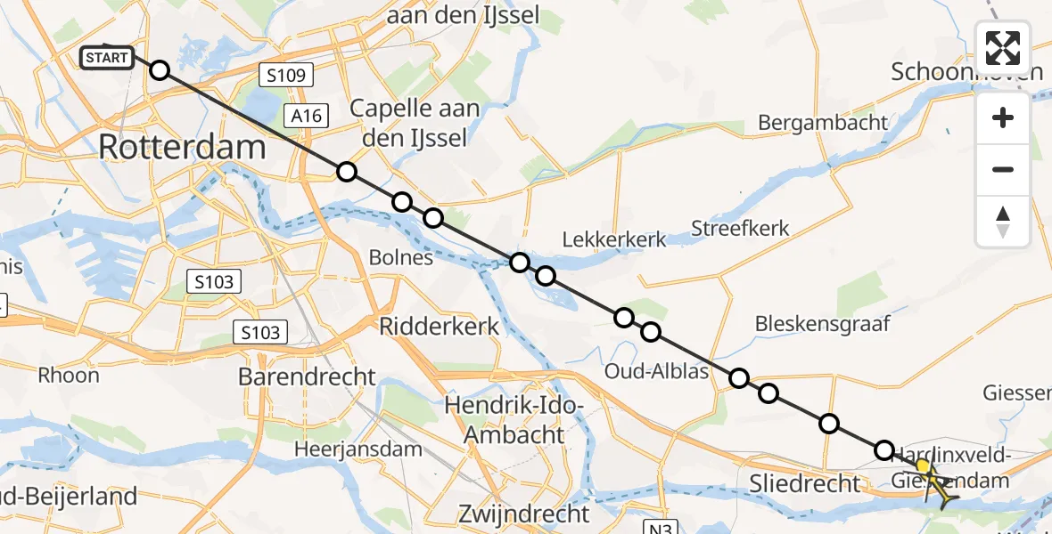 Routekaart van de vlucht: Lifeliner 2 naar Hardinxveld-Giessendam, Fairoaksbaan