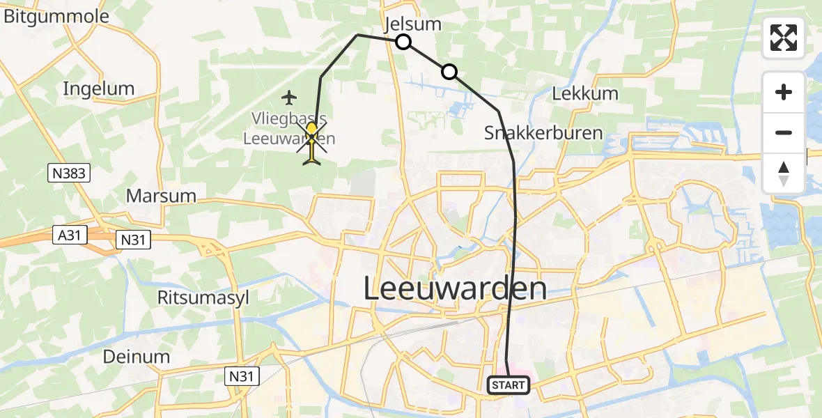 Routekaart van de vlucht: Ambulancehelikopter naar Vliegbasis Leeuwarden, Noordvliet