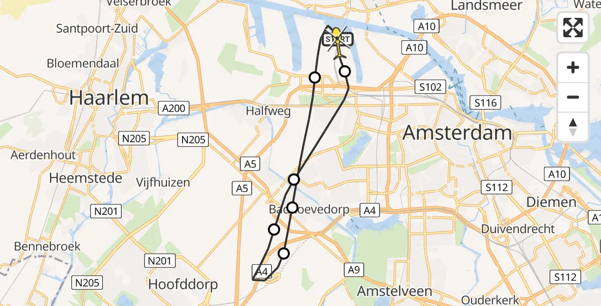 Routekaart van de vlucht: Lifeliner 1 naar Amsterdam Heliport, Hornweg