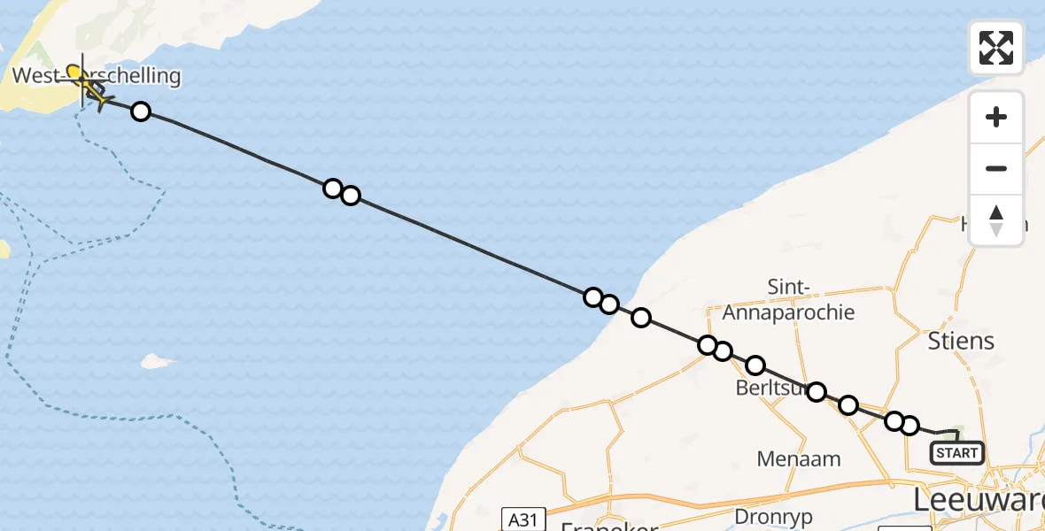 Routekaart van de vlucht: Ambulancehelikopter naar West-Terschelling, Buitengebied Noordwest