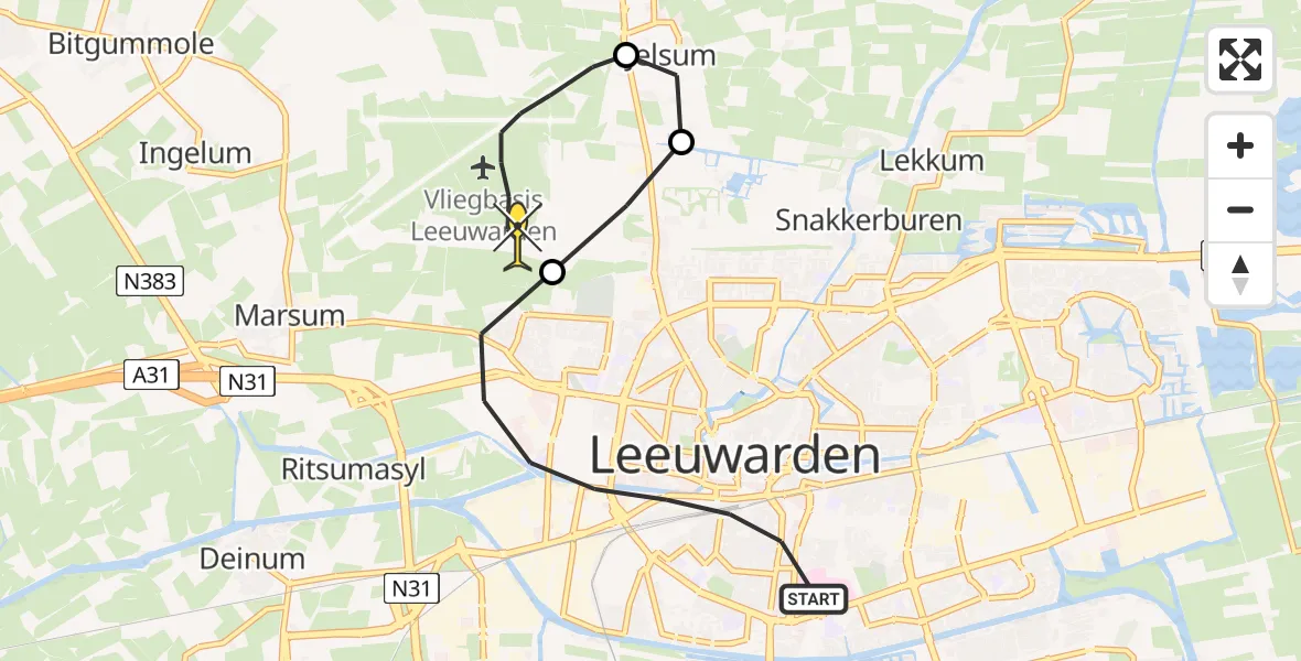 Routekaart van de vlucht: Ambulanceheli naar Vliegbasis Leeuwarden, Wijnhornsterstraat