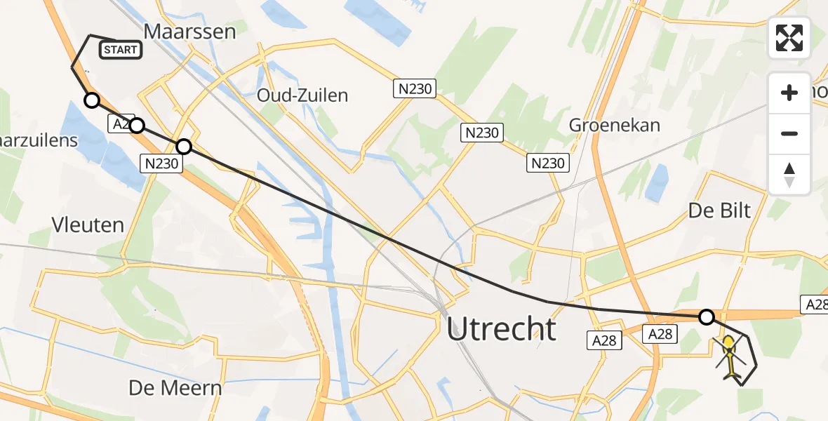 Routekaart van de vlucht: Lifeliner 1 naar Universitair Medisch Centrum Utrecht, Stellenboschlaan