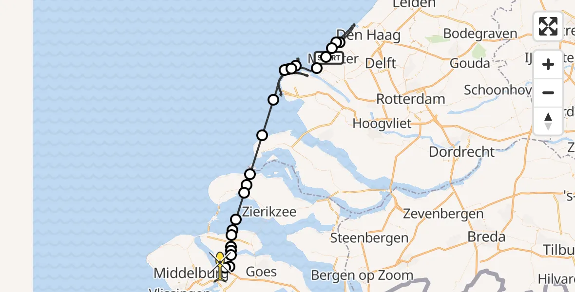 Routekaart van de vlucht: Kustwachthelikopter naar Vliegveld Midden-Zeeland, Maasmond