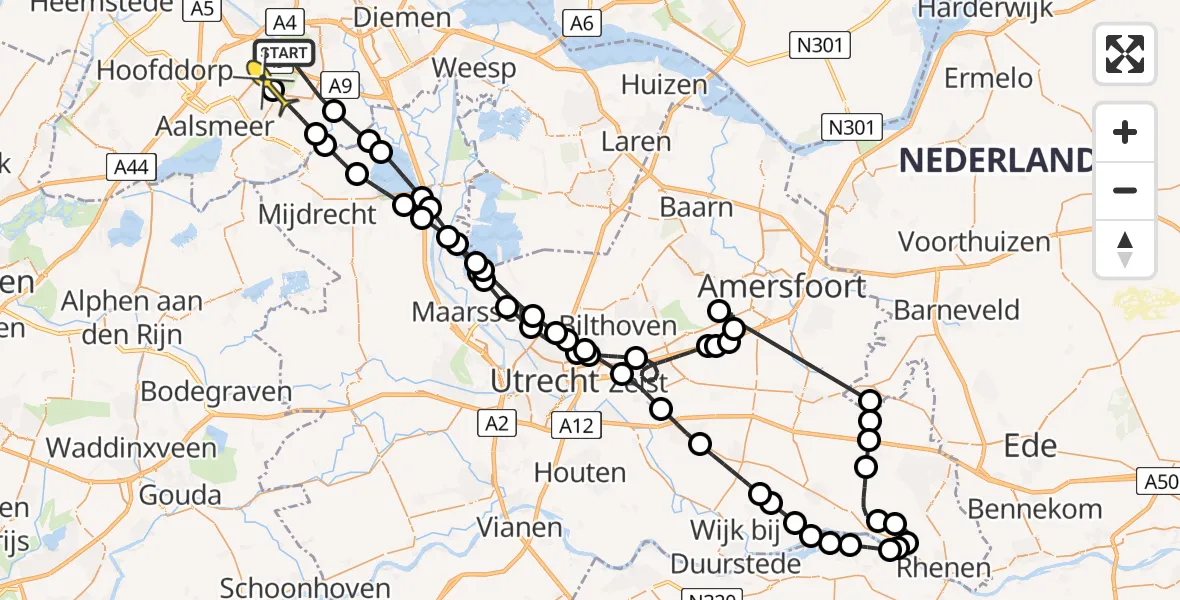 Routekaart van de vlucht: Politieheli naar Aalsmeer, Amsterdamseweg