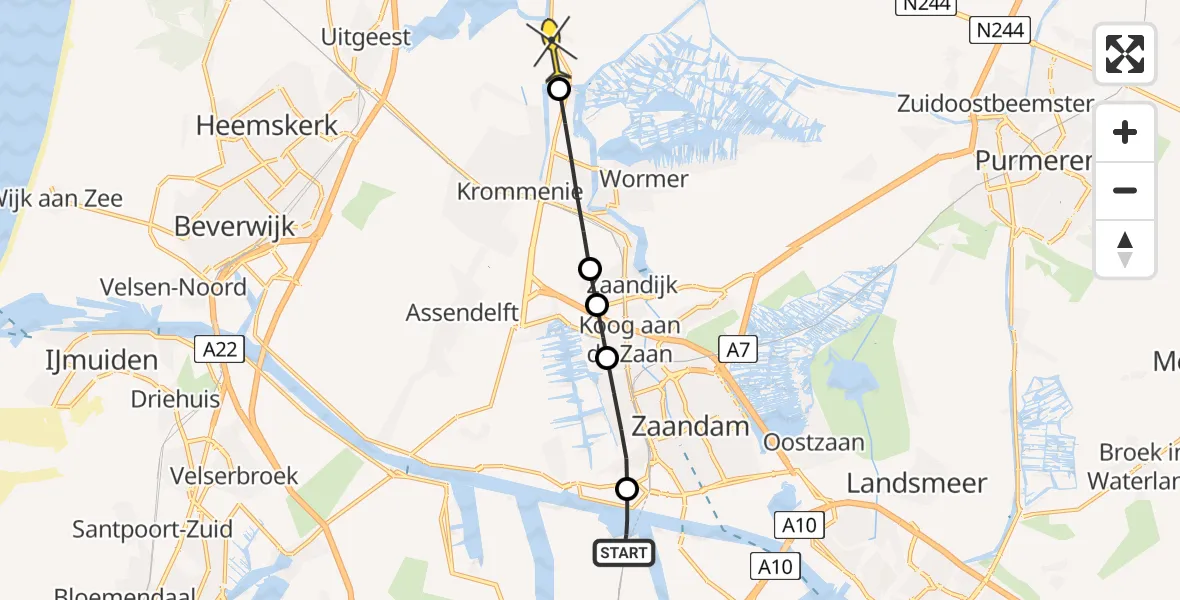 Routekaart van de vlucht: Lifeliner 1 naar Uitgeest, Zijtocht