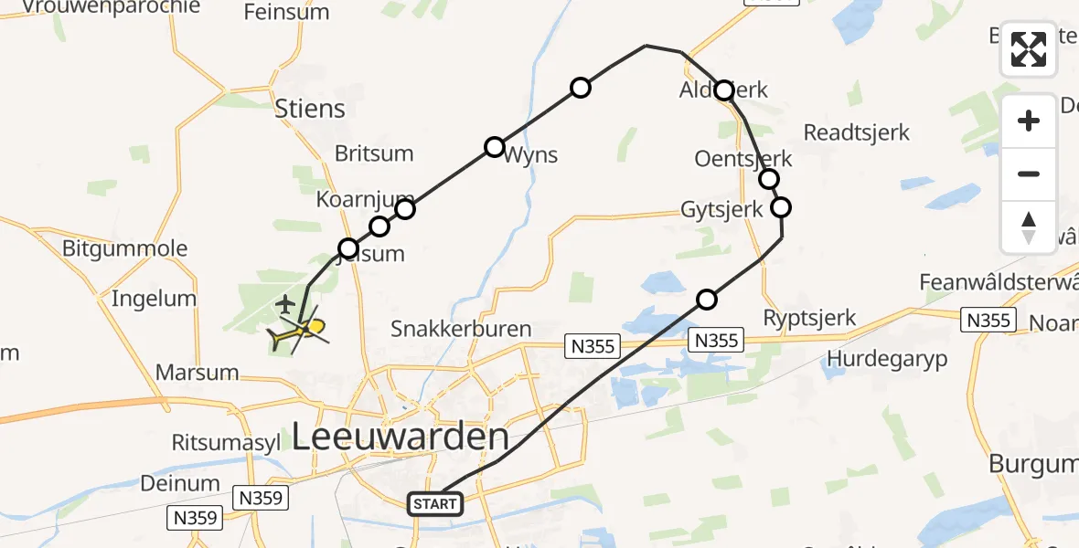 Routekaart van de vlucht: Ambulancehelikopter naar Vliegbasis Leeuwarden, Potmargepaad