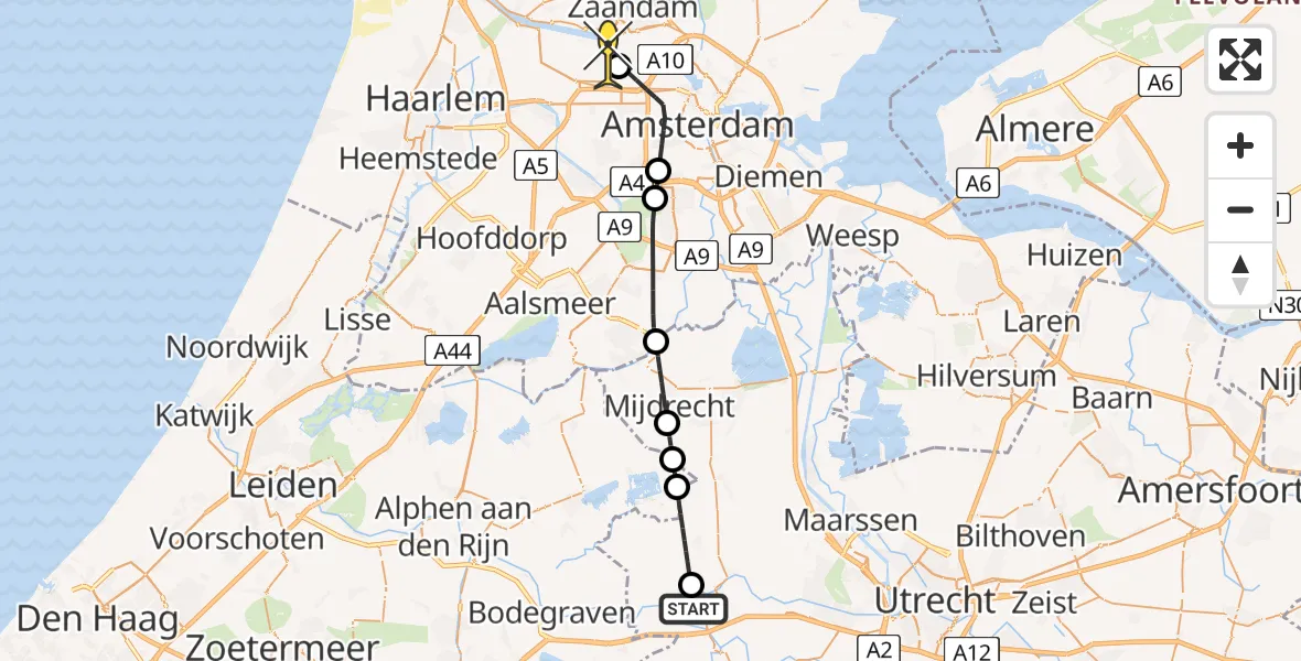 Routekaart van de vlucht: Lifeliner 1 naar Amsterdam Heliport, Lignepad