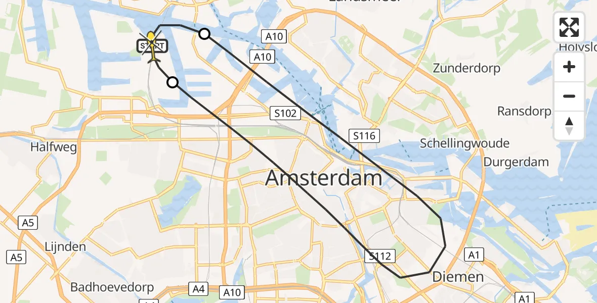 Routekaart van de vlucht: Lifeliner 1 naar Amsterdam Heliport, Stadsstrand Kanaal Noord