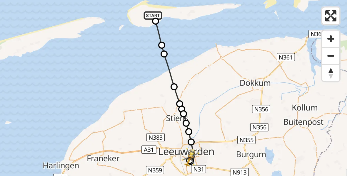 Vluchtroute Ambulancehelikopter Ameland Airport Ballum - Leeuwarden, 05 mei 2025, 10:04