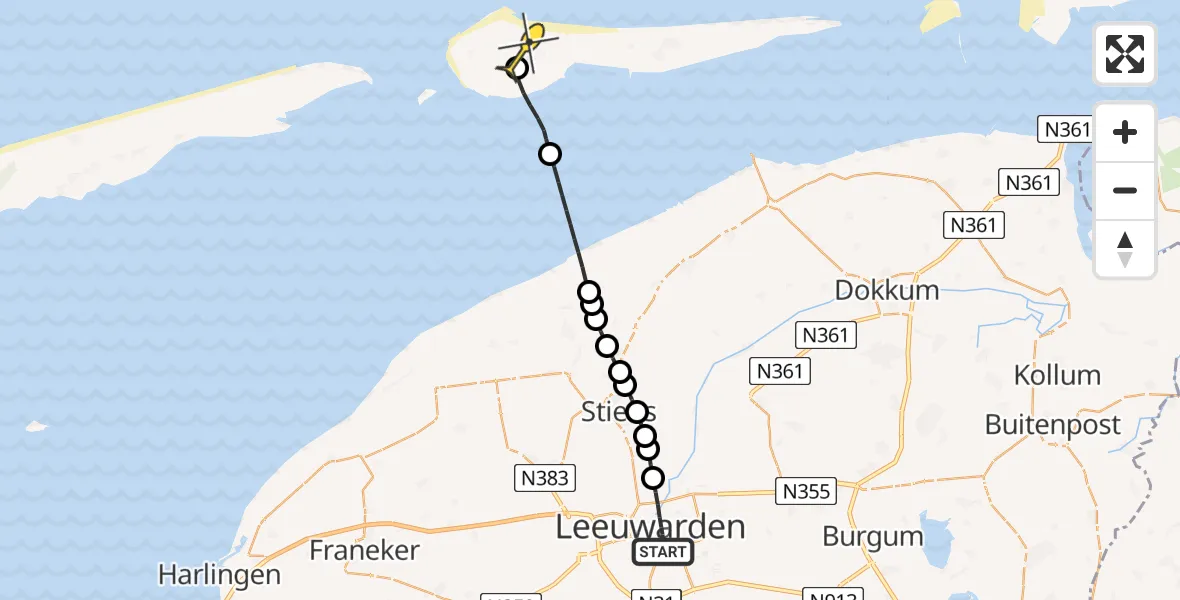 Routekaart van de vlucht: Ambulancehelikopter naar Ameland Airport Ballum, Blokhuisplein