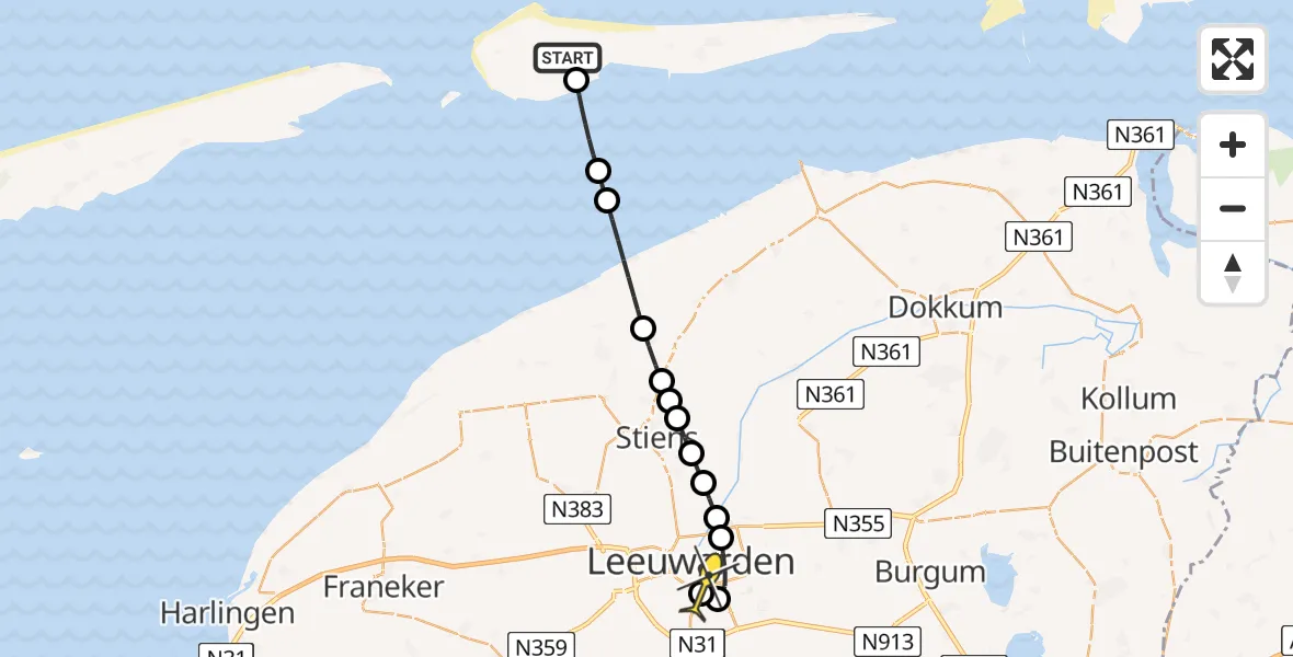 Routekaart van de vlucht: Ambulancehelikopter naar Leeuwarden, Zuider Grieweg